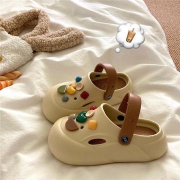 古著diy寶石小眾撞色ins洞洞鞋女厚底增高夏季防滑包頭涼拖鞋