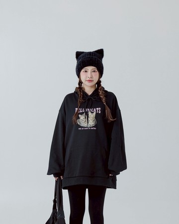 貓咪印圖厚磅寬版連帽上衣 兩色售
