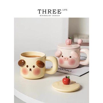 Tlife·Tender·杯具可愛陶瓷馬克杯帶蓋帶勺家用情侶杯 | 粉嫩