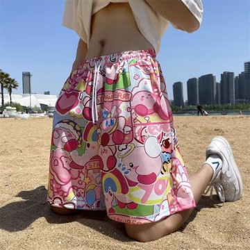 星之卡比粉色沙灘花短褲男休閑寬松居家睡褲可下水冰絲速干褲子夏