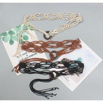 手工編織麻繩百搭木扣腰帶波西米亞風配連衣裙裝飾腰鏈復古民族風