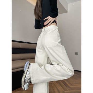 (免運)白色窄版闊腿牛仔褲女春秋2025新款高腰寬松垂感松緊腰爆款直筒褲