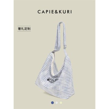 都淘韓系印花格紋帆布包女士2026新款大容量學院風休閑通勤托特包