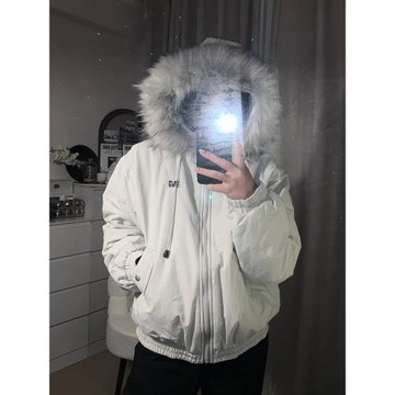 美式復古毛領連帽棉服外套女2024冬季新款設計感加絨加厚派克服潮