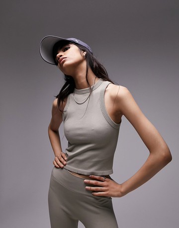 Topshop co ord seamless high neck racer vest in khaki-Green