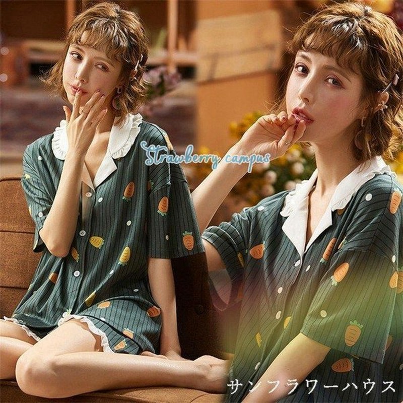 ルームウェア 春レディース夏綿お揃い女性用半袖セットアップパジャマ前開き寝巻き 通販 Lineポイント最大0 5 Get Lineショッピング