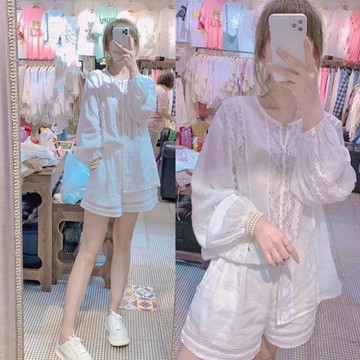 蕾絲拼接鏤空圓領白色打底衫高腰薄款闊腿短褲女韓版兩件套 大尺碼上衣 短袖t恤 大尺碼女裝 短袖上衣 夏季女裝 日系穿搭