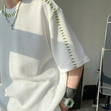 設計感小衆T恤男短袖寬鬆夏季潮牌圓領五分袖華夫格上衣嘻哈潮流 Z8XV