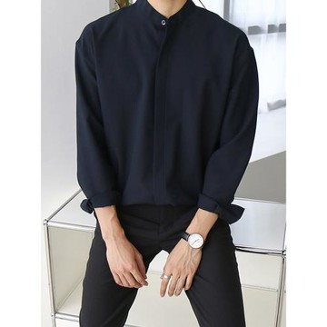 (免運)新款春夏季冰絲感深藍色襯衫男長袖防曬涼感襯衣免燙垂感韓版帥氣