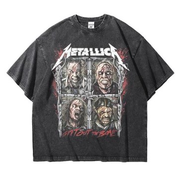 metallica美式金屬樂隊周邊純棉阿美咔嘰重磅T恤落肩寬松復古做舊