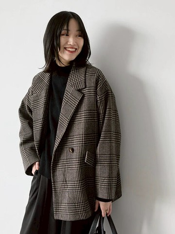 復古格紋雙排釦口袋保暖西裝外套(0F001342710) - Samansa Mos2 blue