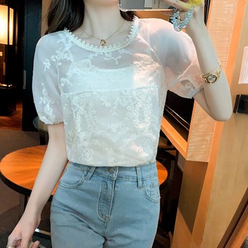 法式宮廷風蕾絲衫女夏裝年新款小眾刺繡雪紡上衣洋氣遮肚小衫