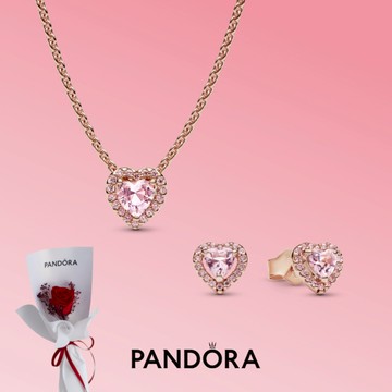 [客製化卡片]情人節快樂💞【Pandora官方直營】粉紅之心項鏈/耳環-鍍14k玫瑰金+花束💐。生日。送禮。祝福