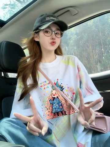 絕美撞色紮染純棉寬鬆T卹女甜美風小公主印花中長款減齡氣質上衣 AJ493