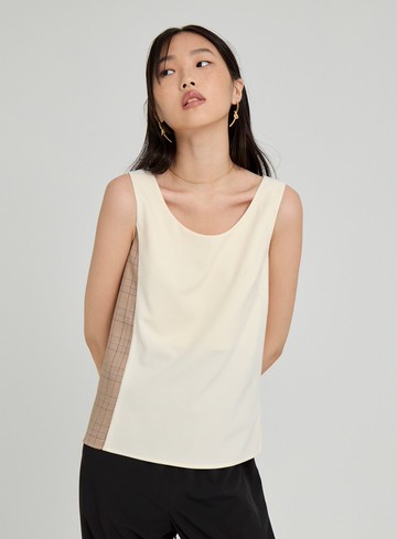 無袖格紋拼接背心上衣