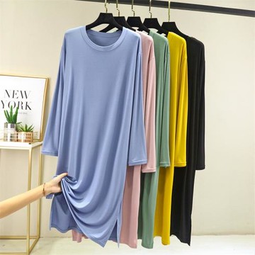 莫代爾寬松連衣裙女秋長袖長裙圓領大碼家居睡裙顯瘦a字裙大擺裙