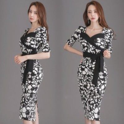 タイトワンピース プリント リボン オシャレ 韓国風 膝丈ワンピース 通勤 Ol Vネック キャバワンピース ドレス 30代 フォーマル ワンピー 通販 Lineポイント最大get Lineショッピング