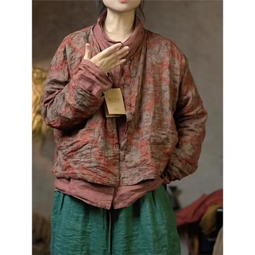 素藝慢店 秋冬復古雙色苧麻雙層開衫文藝百搭純色寬松百搭外套棉