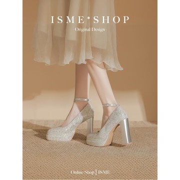 不累腳增高粗跟方頭瑪麗珍防水臺雙層細閃單鞋一字帶厚碎鉆高級感