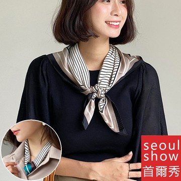 seoul show首爾秀 條紋幾何圖案方領巾仿真蠶絲緞面頭巾雪紡絲巾
