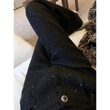 小香風黑色重工亮片闊腿褲女2025秋季新款設計感高腰顯瘦九分褲子