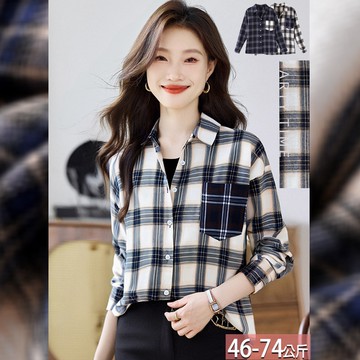 翻領格紋撞色口袋排釦襯衫(2色) M-2XL【395991X】【現+預】☆流行前線☆
