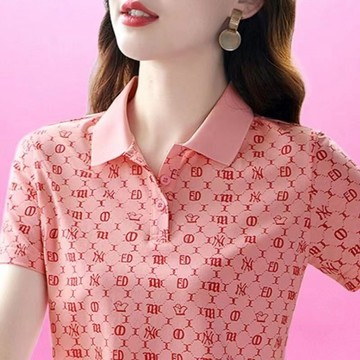 2025翻領polo衫女夏季新款顯瘦短袖氣質媽媽顯瘦上衣夏天印花T恤 短袖衣服 女生t恤 印花T恤 POLO上衣