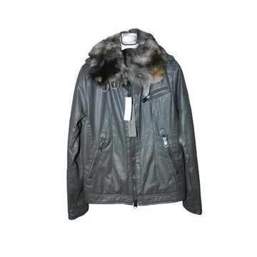 MESSAGERIE 黑色防水涂層意大利產可拆卸毛領 機車短款夾克 IT46