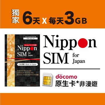 [日本上網卡] Nippon SIM 6天 實體卡｜Docomo｜支援熱點｜ChatGPT｜郊區｜Pixel｜三星｜長效