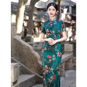 開雨2026年夏季新款立領短袖八扣氣質改良長旗袍媽媽顯瘦連衣裙