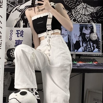 白色連體吊帶褲女學生長褲ins設計感顯瘦高腰單肩斜背帶牛仔褲春 美式復古直筒牛仔褲女 高腰牛仔褲 女生長褲 小個子寬褲