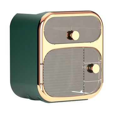 壁掛衛生紙盒 頂部置物台 底部抽拉 抽取式/捲筒皆通用  綠色 + 金色  1個