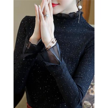 半高領修身顯瘦黑色亮絲長袖上衣