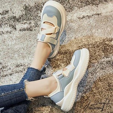 【J&H collection】時尚配色真皮交叉厚底增高老爹鞋(現+預  杏色 / 藍色 / 黑色)