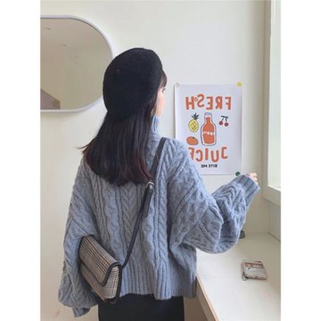 粗線針織麻花高領毛衣女2025新款秋冬內搭寬松慵懶風加厚短款外穿