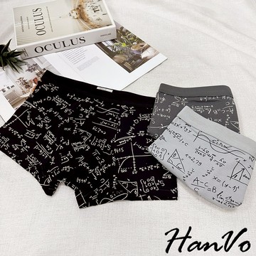 【HanVo】方程式塗鴉印花純棉四角褲 吸濕排汗透氣親膚中腰內褲 獨立包裝 流行男款內褲 內著 B05-5017