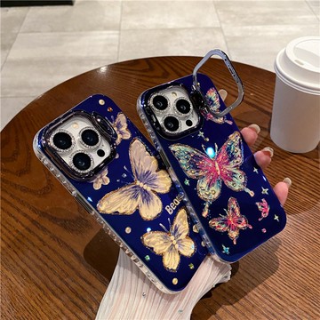 藍光金蝴蝶適用蘋果15手機殼iphone14 Promax閃粉全包鏡頭膜支架15plus新款簡約13/12 14防摔11