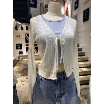 Brandy Girl早秋新款網眼針織系帶防曬v領開衫bm長袖外套女潮