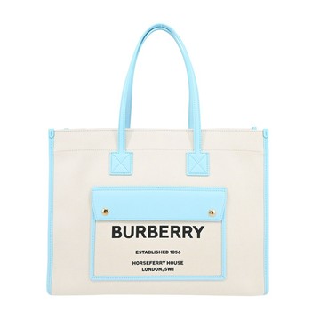 [平輸版]BURBERRY新款 Freya 帆布拼接皮革中款手提/肩背包(米X冷天藍色)真品平輸