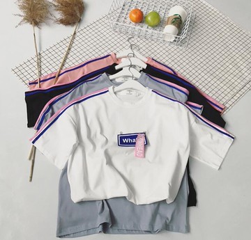 FINDSENSE品牌 時尚潮流 男 寬鬆 休閒 小清新 別針設計 雙杠条 純色 短袖T恤 圓領T恤