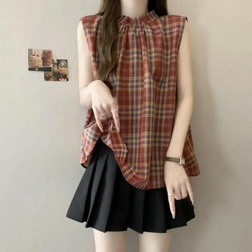 9號倉庫 棉麻背心女 無袖上衣 復古無袖套頭格子背心襯衣女夏季新款中長款疊穿無袖襯衫外穿上衣 大尺碼上衣 T恤女