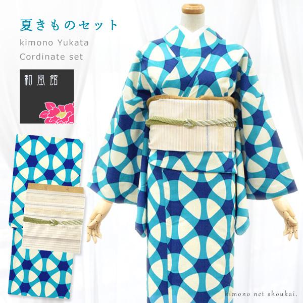 紬　フルセット　単衣　名古屋帯　帯揚げ　帯締め　夏物　着物　和モダン　M　お洒落 KIMONOMACHI 木綿の着物+木綿の名古屋帯+帯揚げ+帯締めの4点