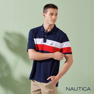 Nautica男裝 運動風撞色拼接短袖POLO衫-深藍