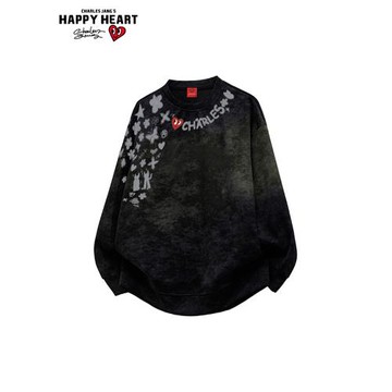 查爾斯桃心 扎染項鏈涂鴉印花衛衣男秋冬季新款美式加絨加厚上衣