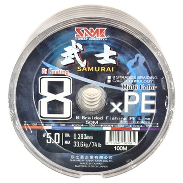 SAME 莎美 武士PE 6連結 8股編織釣魚線  100m  橘色 + 藍色 + 綠色 + 紅色 + 紫色  1個