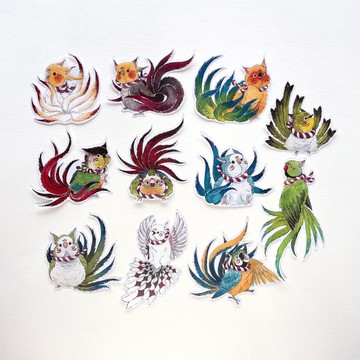 Rolia's 手作 百鬼夜行 九尾鳥鳥/鸚鵡/山雀 透明白墨防水貼紙