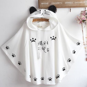 日系軟妹夏季初中生罩衫貓臉耳朵連帽貓爪印花女學生中袖斗篷外套
