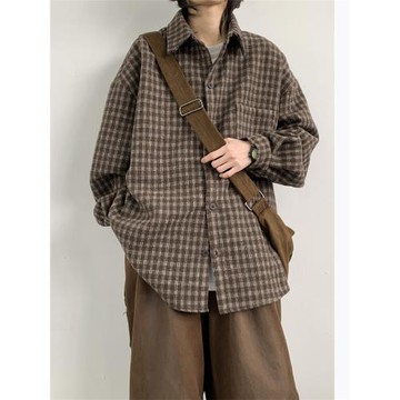 格子襯衫男長袖春秋新款美式復古加厚磨毛青少年寬松休閑襯衣外套