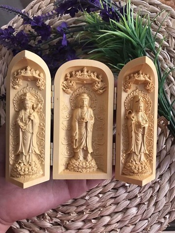 黃楊木雕佛像居家擺件隨身佛龕 荷花 立蓮 西方三圣 三開盒子1入