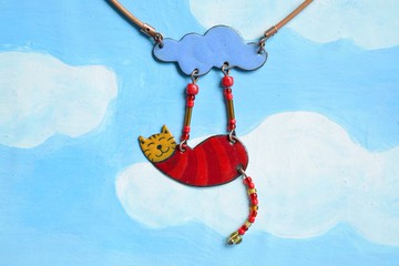 貓項鍊，琺瑯項鍊，紅貓，條紋貓，貓飾品，貓和雲